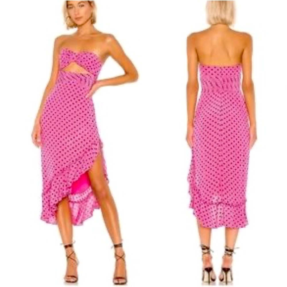 LOVER + FRIENDS- strapless midi dress pink with black polka dots